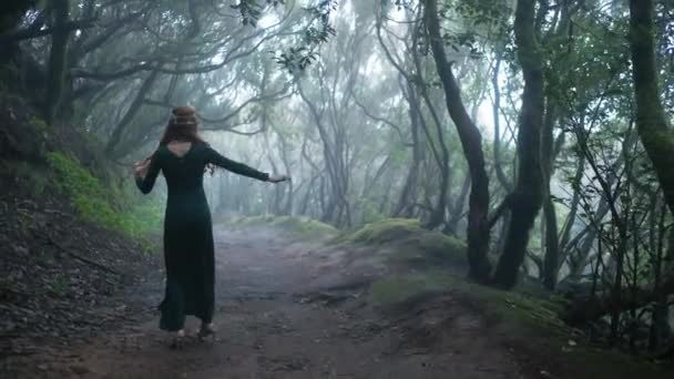 Beautiful Woman Elf Costume Walking Magic Green Enchanted Forest Redhead — Vídeo de stock