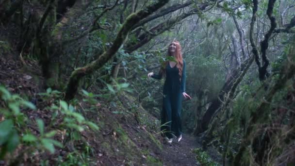 Beautiful Woman Elf Costume Walking Magic Green Enchanted Forest Redhead — ストック動画