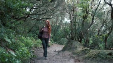Woman is walking in an enchanted forest. Redhead girl with a long hair holding a backpack. Trees covered with most on the background. 