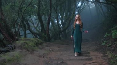 Beautiful woman in an elf costume is walking in a magic green enchanted forest. Redhead girl with a long hair. Trees covered with most on the background. 