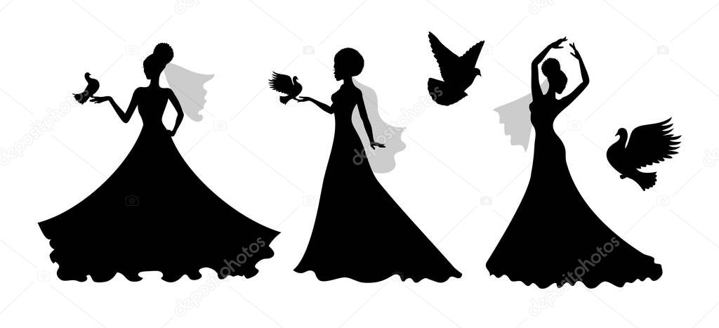 Set of vector silhouettes of an afro bride with a bird. Vector illustration silhouettes of African brides standing. Black color. isolated on white.