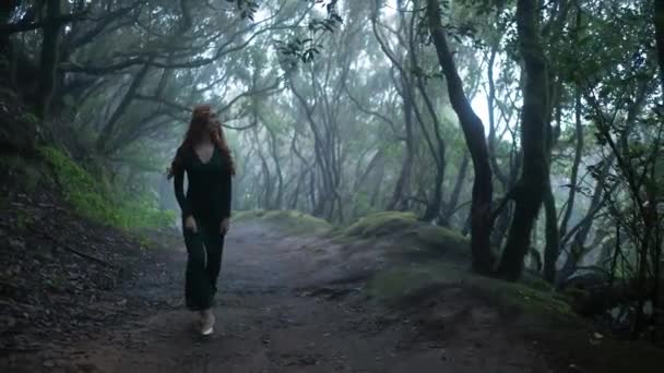 Όμορφη Γυναίκα Ένα Κοστούμι Ξωτικό Περπατά Ένα Μαγικό Πράσινο Μαγεμένο — Αρχείο Βίντεο
