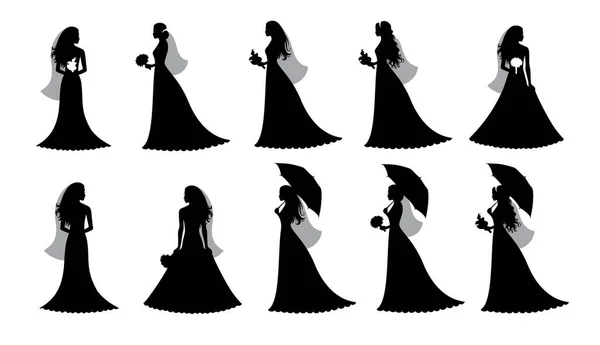 一组新娘的矢量轮廓 带着雨伞矢量图片说明新娘头戴面纱站在那里的轮廓 在白色上隔离 — 图库矢量图片