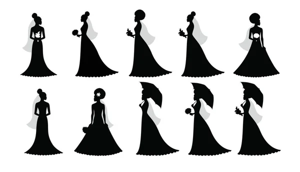 Ensemble Silhouettes Vectorielles Une Mariée Afro Avec Parapluie Illustration Vectorielle — Image vectorielle