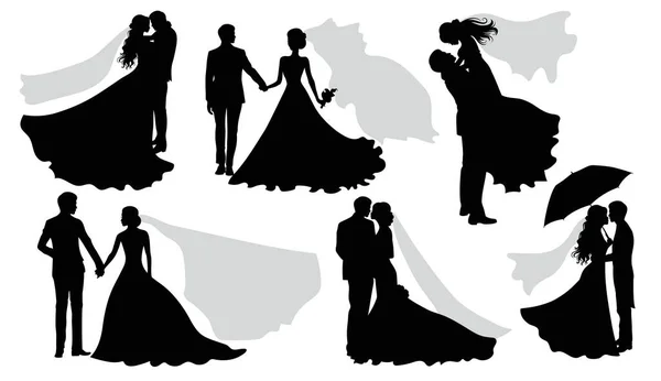 一对白种人浪漫的婚礼剪影 一组新郎和新娘的矢量轮廓 矢量说明 — 图库矢量图片