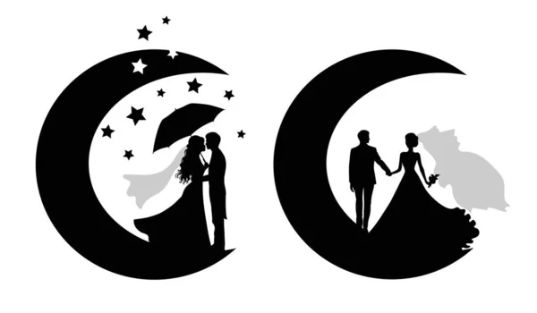 一对白种人浪漫的婚礼剪影 一组新郎和新娘的矢量轮廓 有星星的新月 矢量说明 — 图库矢量图片