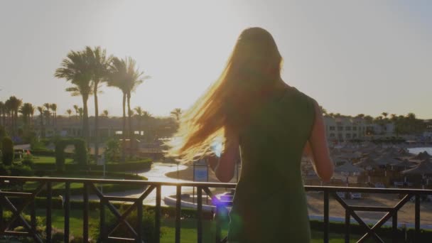 女はカクテルを持っている 美しい長い髪の後ろから女の子 スローモーションビデオ 彼女の手にブルードリンク 背景に海とヤシの木 背景の夕日 — ストック動画