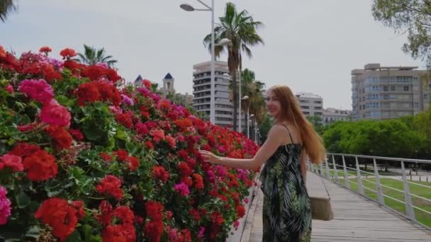 Vörös Hajú Hosszú Hajjal Egy Hídon Ébred Vörös Virágokkal Valencia — Stock videók
