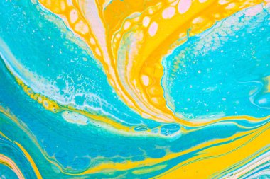 Modern fluid art painting. Abstract decorative marble texture. Background with liquid acrylic. Mixed paints for poster or wallpaper. White, pink, blue, green, yellow, mustard and turquoise colors.