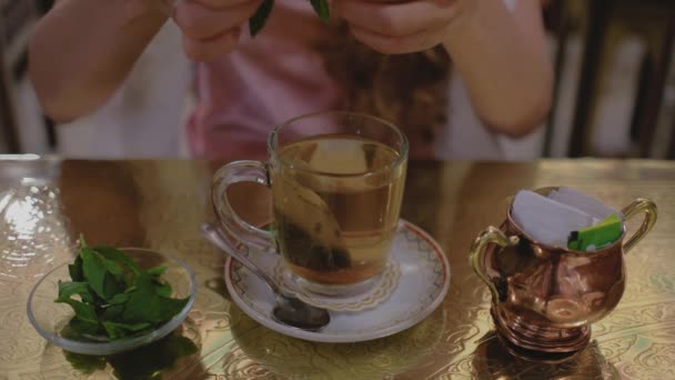 Orientaliskt Mintte Ett Glas Kvinnlig Hand Sätta Grön Mynta Blad — Stockvideo