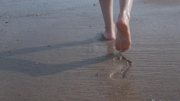 Close Uma Mulher Pés Uma Praia Areia Com Mar Salpicos — Vídeo de Stock