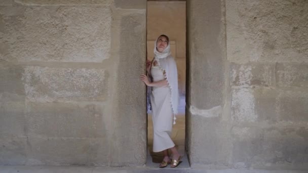Kobieta Jest Starożytnym Egipskim Grobowcu Dziewczyna Stoi Przejściu Nosi Białą — Wideo stockowe
