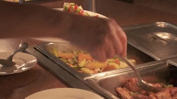 Female Hands Putting Buffet Food Indoor Restaurant Meat Vegetables Spoon — Stock Video