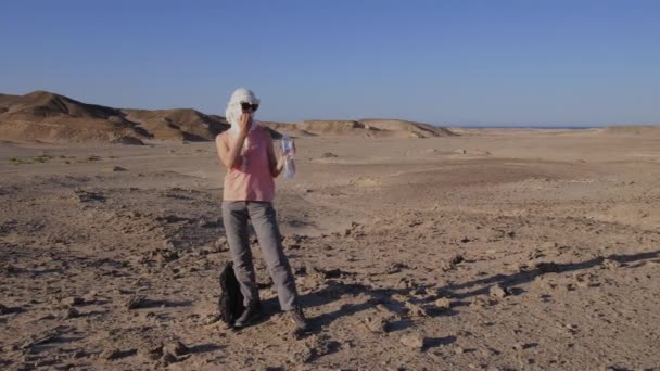 Vizet Iszik Egyiptom Sivatagában Meleg Időjárás Koncepció Lány Egyiptomban Utazik — Stock videók