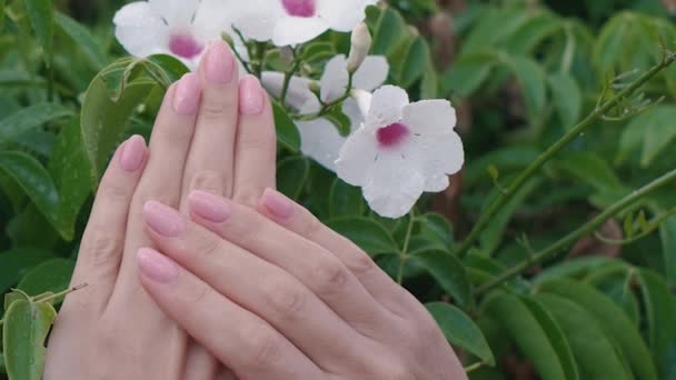 Video Slow Motion Female Hands Pink Shiny Manicure Glistening Raindrops — Stock Video