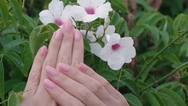 整个高清动作缓慢 女性的手与粉红闪亮的指甲 在雨滴下闪闪发光 场景背景是茂密的绿叶和精致的白花 美丽的概念 — 图库视频影像