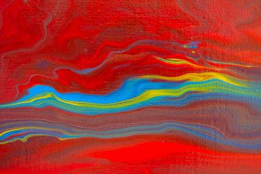 Sıvı resim çizimi. Soyut dekoratif mermer dokusu. Sıvı akrilik bir geçmişi var. Poster ya da duvar kağıdı için karışık boyalar. Modern sanat. Psikedelik renkler. Mavi, altın, kırmızı, sarı, turuncu. 