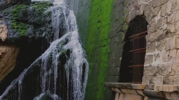 在这个迷人的慢动作视频中 一个特写瀑布在一座装有铁栏门的中世纪城墙旁边 可能是一座装饰着绿色苔藓的监狱 令人联想到一种神秘的氛围 — 图库视频影像