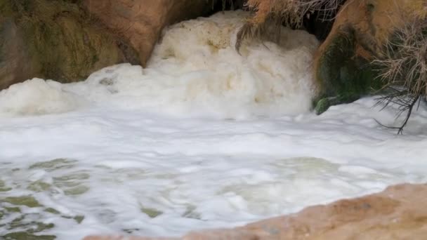 Video Foam Producing Waterfall Visible Dirt Highlighting Concept Contamination Scene — Stock Video