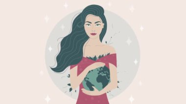 Minimalist çizgilerle Dünya 'yı elinde tutan bir kadının 2d animasyonu. Yemyeşil yapraklı arka plan, basit ve zarif bir tasarım ile gezegeni koruma fikrini iletiyor..