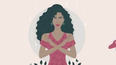 Düz bir sanat çiziminin 2d animasyonu. Afrikalı bir kadın basit bir stilde, kollarını kavuşturup ete hayır diyor. Vejetaryen kız et tüketimini durdurma konseptini destekliyor..
