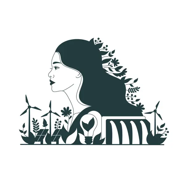 Tej Płaskiej Ilustracji Artystycznej Azjatycki Profil Kobiet Jest Ozdobiony Zielonymi — Wektor stockowy