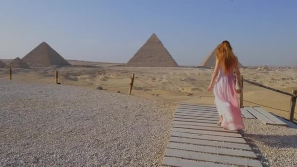 Achteraanzicht Van Jonge Vrouw Die Naar Grote Piramides Van Gizeh — Stockvideo