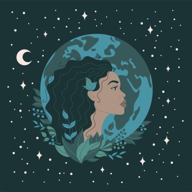 Bu zarif vektör illüstrasyonunda deneyim birliği ve çevresel farkındalık. Düz sanat tarzında bir kadın profili, yıldızların ortasındaki yeşil yapraklarla süslenmiş Dünya gezegenine bakıyor..