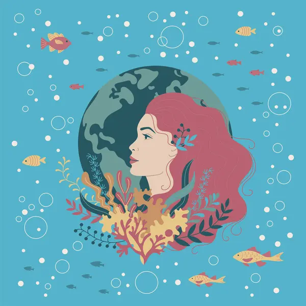 Explore Environmental Consciousness Illustration Woman Profile Adorned Seaweed Fish Planet — Stock Vector