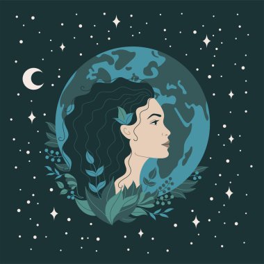 Bu zarif vektör illüstrasyonunda deneyim birliği ve çevresel farkındalık. Düz sanat tarzında bir kadın profili, yıldızların ortasındaki yeşil yapraklarla süslenmiş Dünya gezegenine bakıyor..