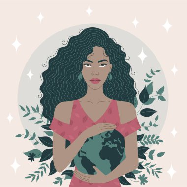 Minimalist çizgilerle dünyayı elinde tutan bir kadının vektör çizimi. Yemyeşil yapraklı arka plan, basit ve zarif bir tasarım ile gezegeni koruma fikrini iletiyor..