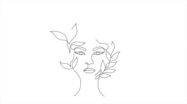 Kadın yüzünün sanatsal çizgileri yeşil yapraklarla süslenerek doğal, organik bir saç stili oluşturur. Minimalist tasarım basitliği ve zarafeti vurgular. 4k video.