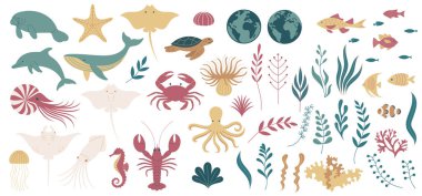 Bu resim, yengeç, ıstakoz ve yunus gibi çeşitli balık, deniz yosunu ve deniz hayvanlarını içeren deniz elementlerinin bir koleksiyonudur. Vector düz sanat tarzı, gösterişli okyanus yaşamı ve bitkiler.