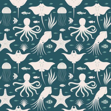 This image is a vector flat art seamless pattern featuring octopuses, stingrays, jellyfish, starfish, squids, and various fish on a teal background, creating a playful and ocean-themed design.  clipart