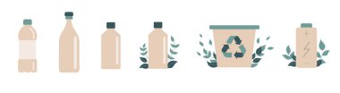 Şişeler, bir geri dönüşüm kutusu ve çevre dostu uygulamaları sembolize etmek için yeşil yapraklarla süslenmiş bir pil de dahil olmak üzere geri dönüşümlü öğeleri içeren düz vektör illüstrasyonu.