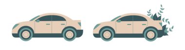 Bu vektör düz resim, iki arabayı minimalist bir şekilde tasvir eder. Sağdaki araba bitkilerin büyüdüğü, sürdürülebilirliği sembolize eden çevre dostu bir tasarıma sahip..