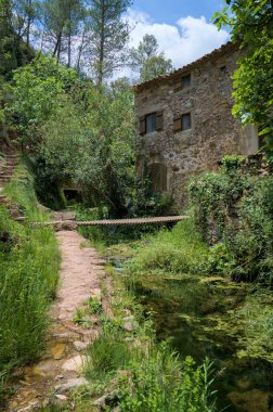 Bu resim yemyeşil yemyeşil, dereden geçen küçük ahşap bir köprü ve sakin bir doğal ortamdan geçen manzaralı bir yol ile çevrili taştan bir ev tasvir ediyor..