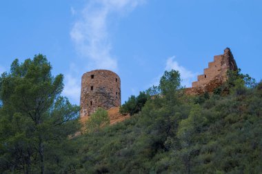 Bu görüntüde tarihi bir taş kule ve yeşil, ormanlık bir tepenin üzerinde parlak mavi bir gökyüzünün altında yer alan bitişik kalıntılar yer alıyor..