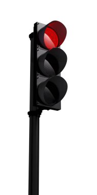 Traffic light with red color turned on isolated on white background. Mocap or source. 3D visualization