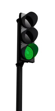 Traffic light with green color turned on isolated on white background. Mocap or source. 3D visualization