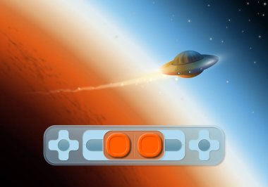 UFO takes off from the planet Mars at sunset. Alien spaceship. Game concept. Mock-up or template. Illustration
