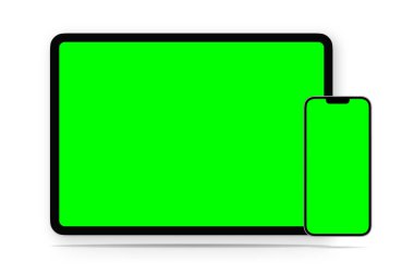 İki alet seti. Pad ve akıllı telefon. Şablon ya da maket. İllüzyon. Yeşil arkaplan