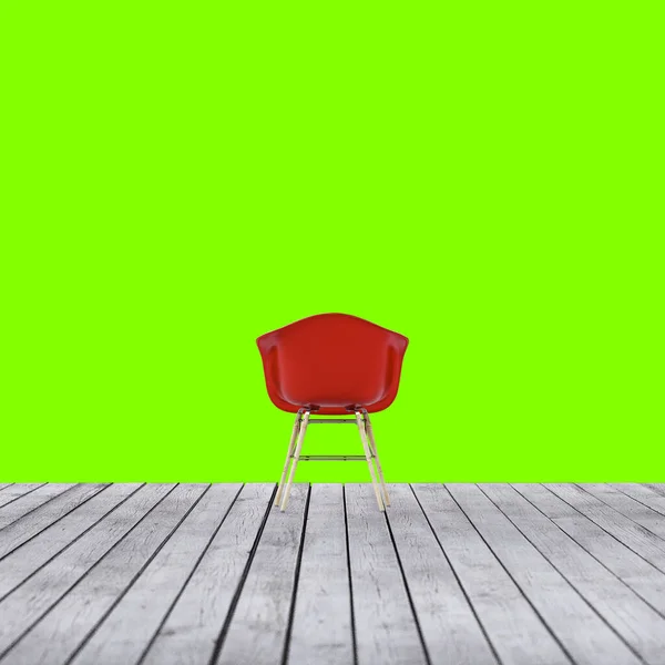 古い木製の床やデッキに赤い椅子 レイアウトやソース 休暇の概念 緑の背景 3Dレンダリング — ストック写真