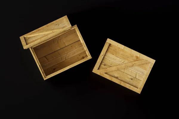 Two pine wooden boxes isolated on a black background. Closed and open boxes. Top view. 3d render