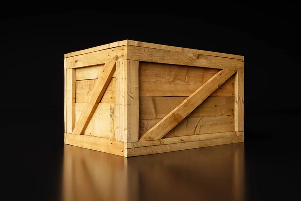 Velká Uzavřená Dřevěná Krabice Izolovaná Tmavém Pozadí Odrazem Koncept Dopravy — Stock fotografie
