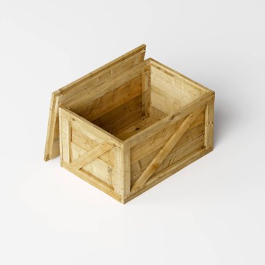 Beyaz arka planda izole edilmiş dikdörtgen açık ahşap kutu. Ulaşım ya da teslimat kavramı. 3d hazırlayıcı