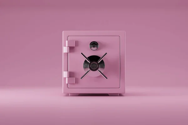 Closed pink metal safe isolated on pink background. Front view. Banking security clip art. 3d render.