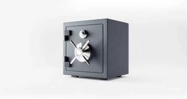 Kapalı gri metal kasa beyaz arka planda izole edilmiş. Ön manzara. Bankacılık güvenlik klibi sanatı. 3d hazırlayıcı.