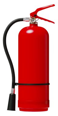 Kırmızı uzun yangın söndürücü, beyaz arka planda izole edilmiş hortum ve basınç göstergesi. 3d hazırlayıcı