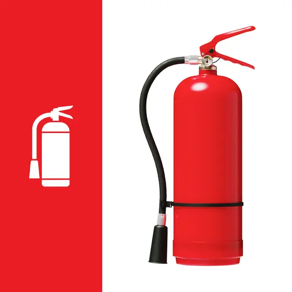 Red tall fire extinguisher with hose and pressure indicator and fire extinguisher sign sign isolated on white background. Banner or sign. 3d render